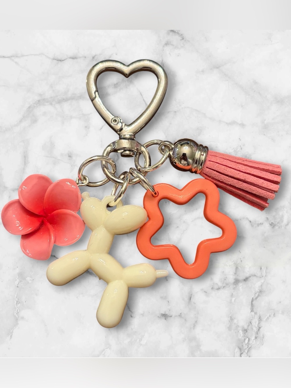 Heart Clip Balloon Dog & Flower Charm Keychain - Coral, Cream, Pink